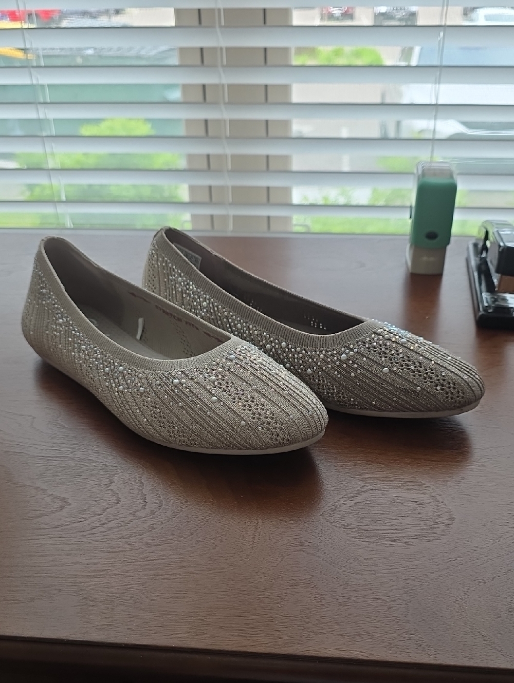 Skechers Women's Cleo Pearl-Embellished Knit Flats in Light Beige - Picture 3 of 6